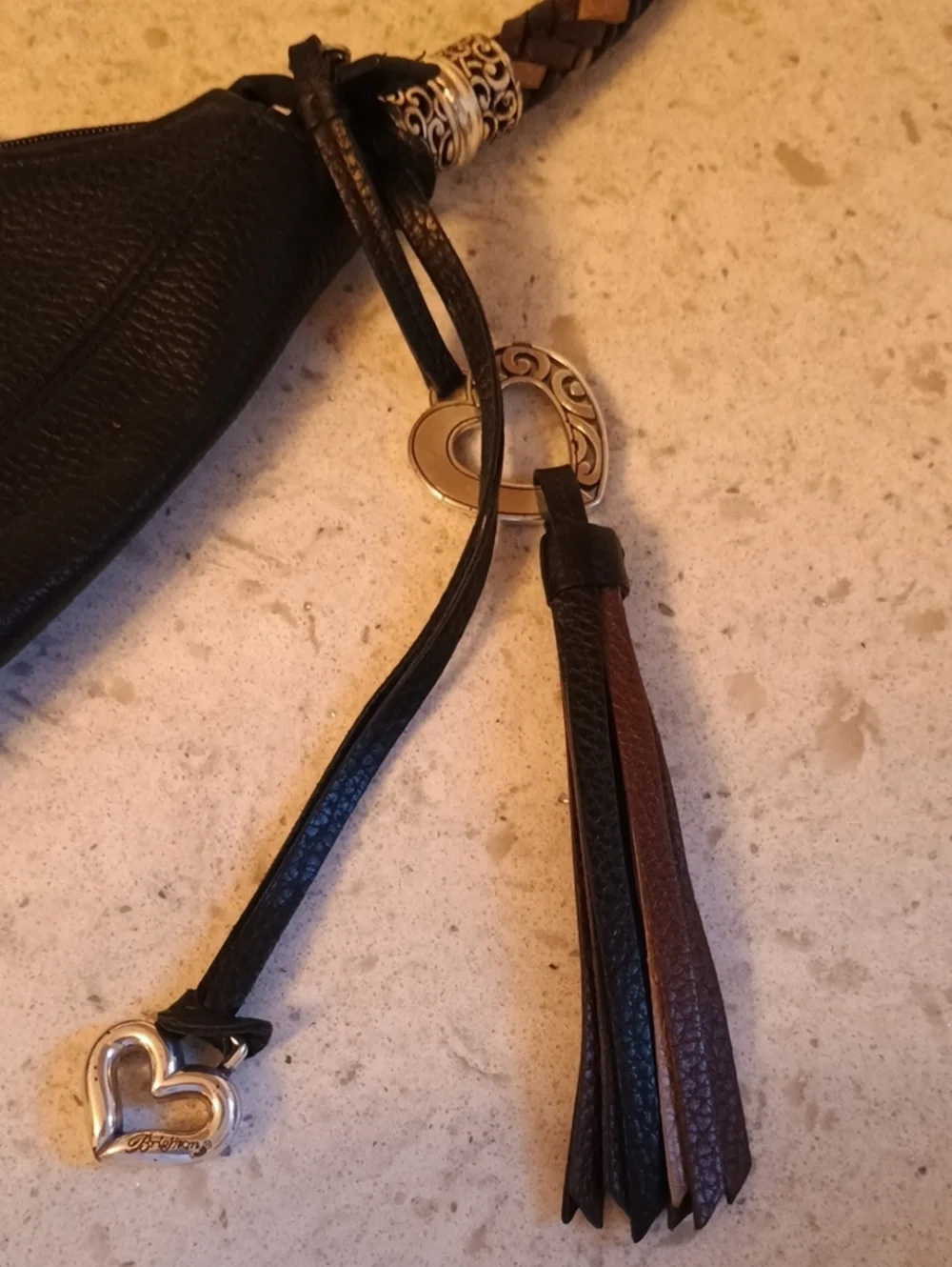 Brighton Black Pebbled Leather Barbados Zip Up Hobo Bag with Braided Strap